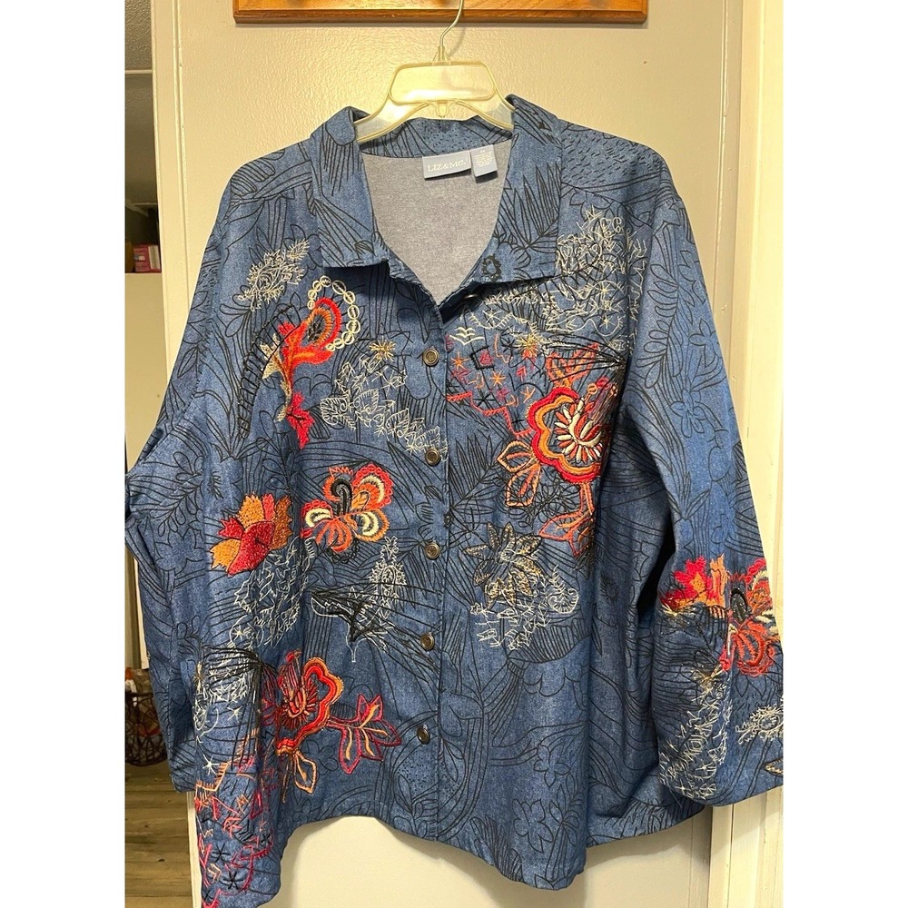 Liz & Me Women's Blue fall Embroidered Jacket 4X Plus Button Front Collared